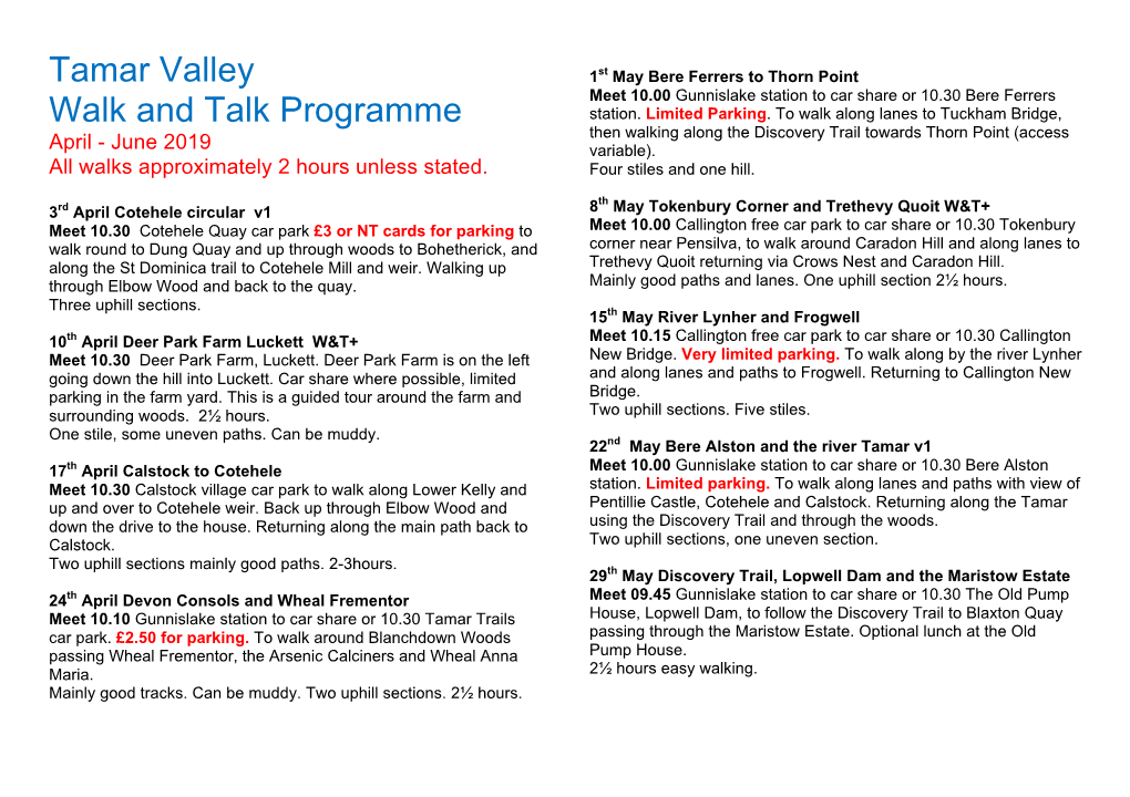 Tamar Valley Walk and Talk Programme