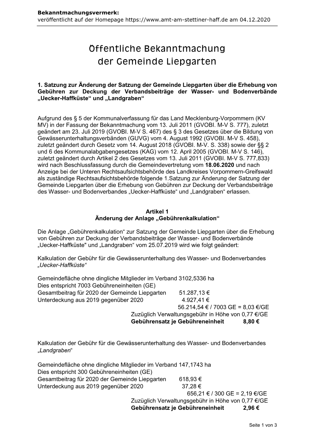 1. Änderung Gebührensatzung Liepgarten Verbandsbeiträge