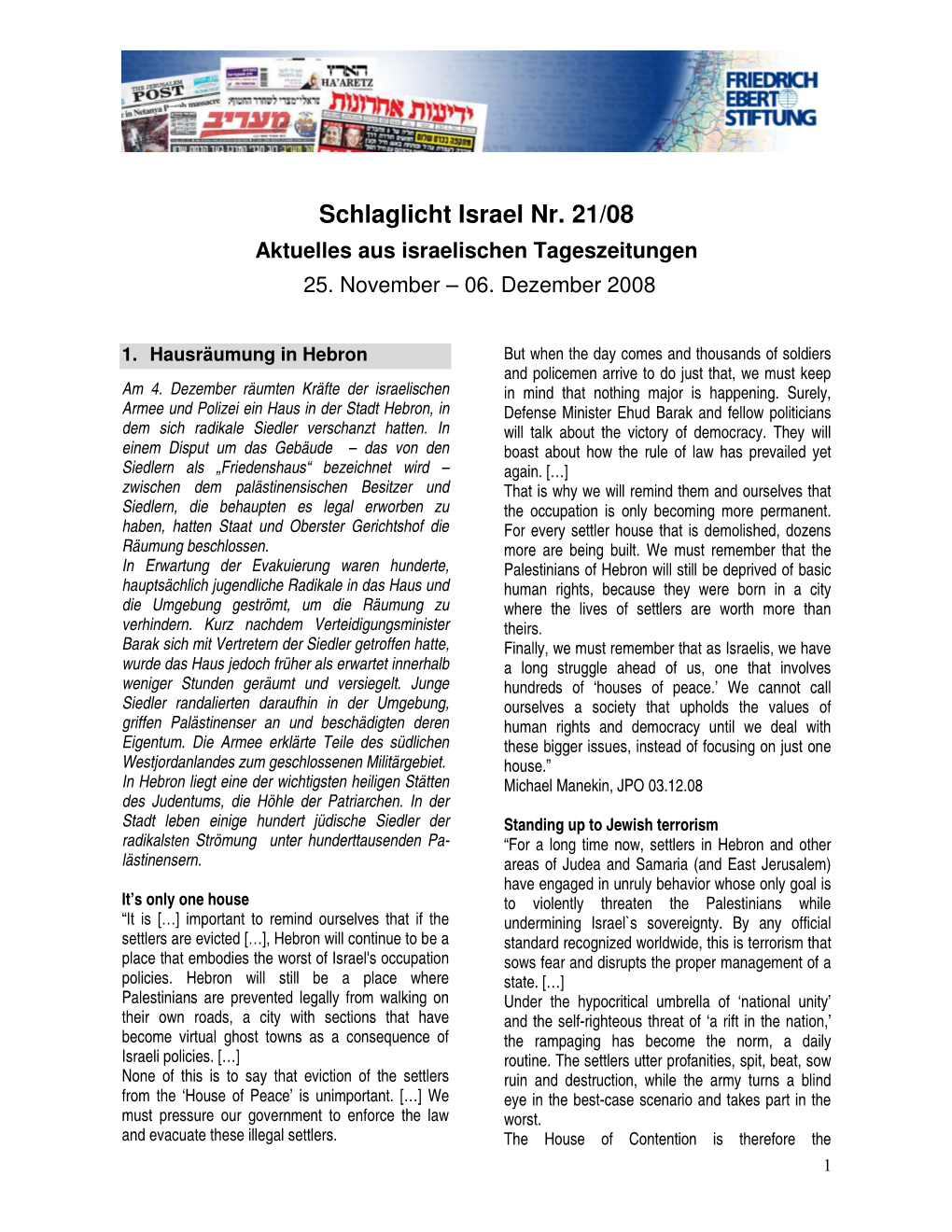 Schlaglicht Israel Nr. 21/08 Aktuelles Aus Israelischen Tageszeitungen 25