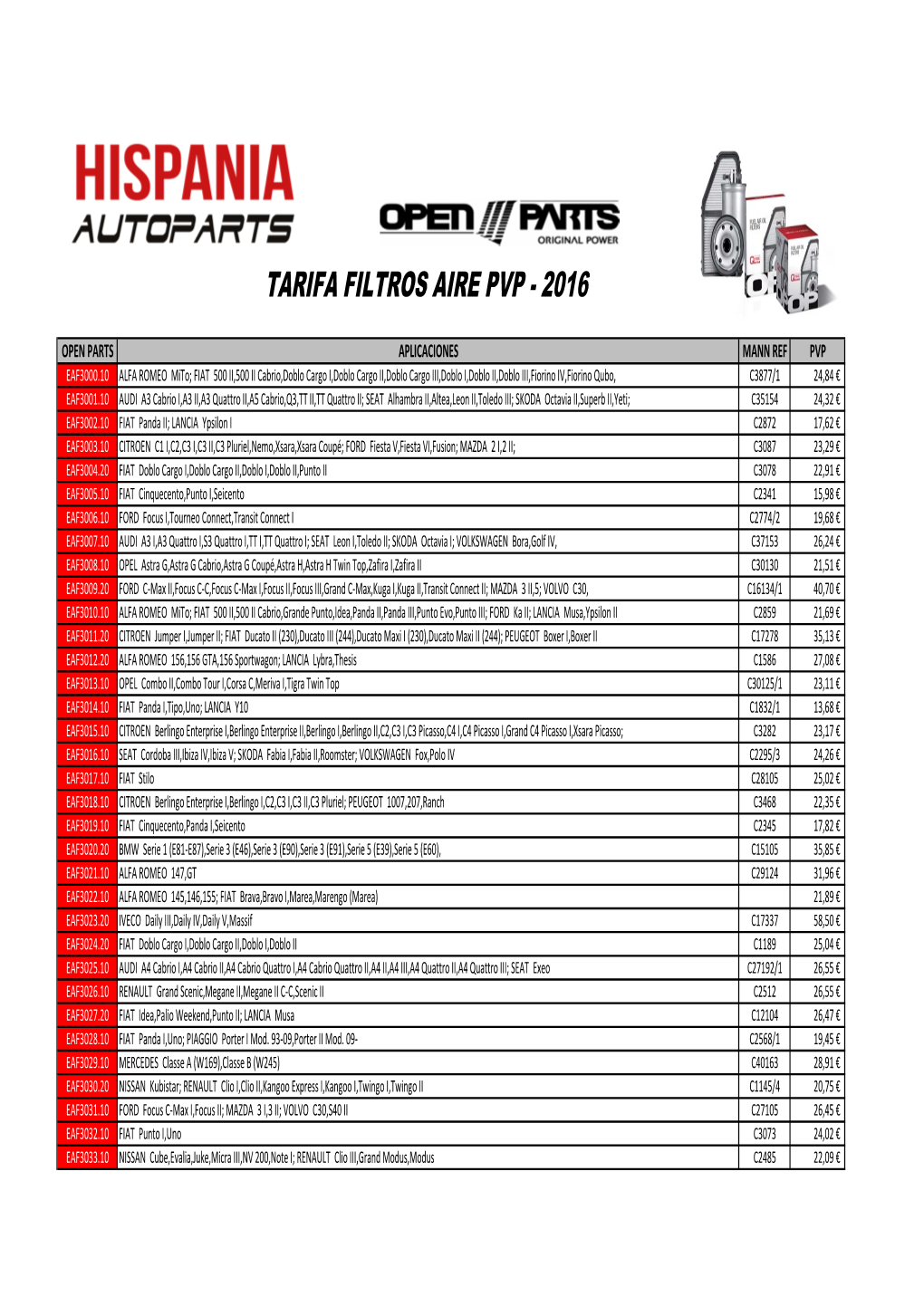 TARIFA FILTROS DE AIRE 2016.Xlsx