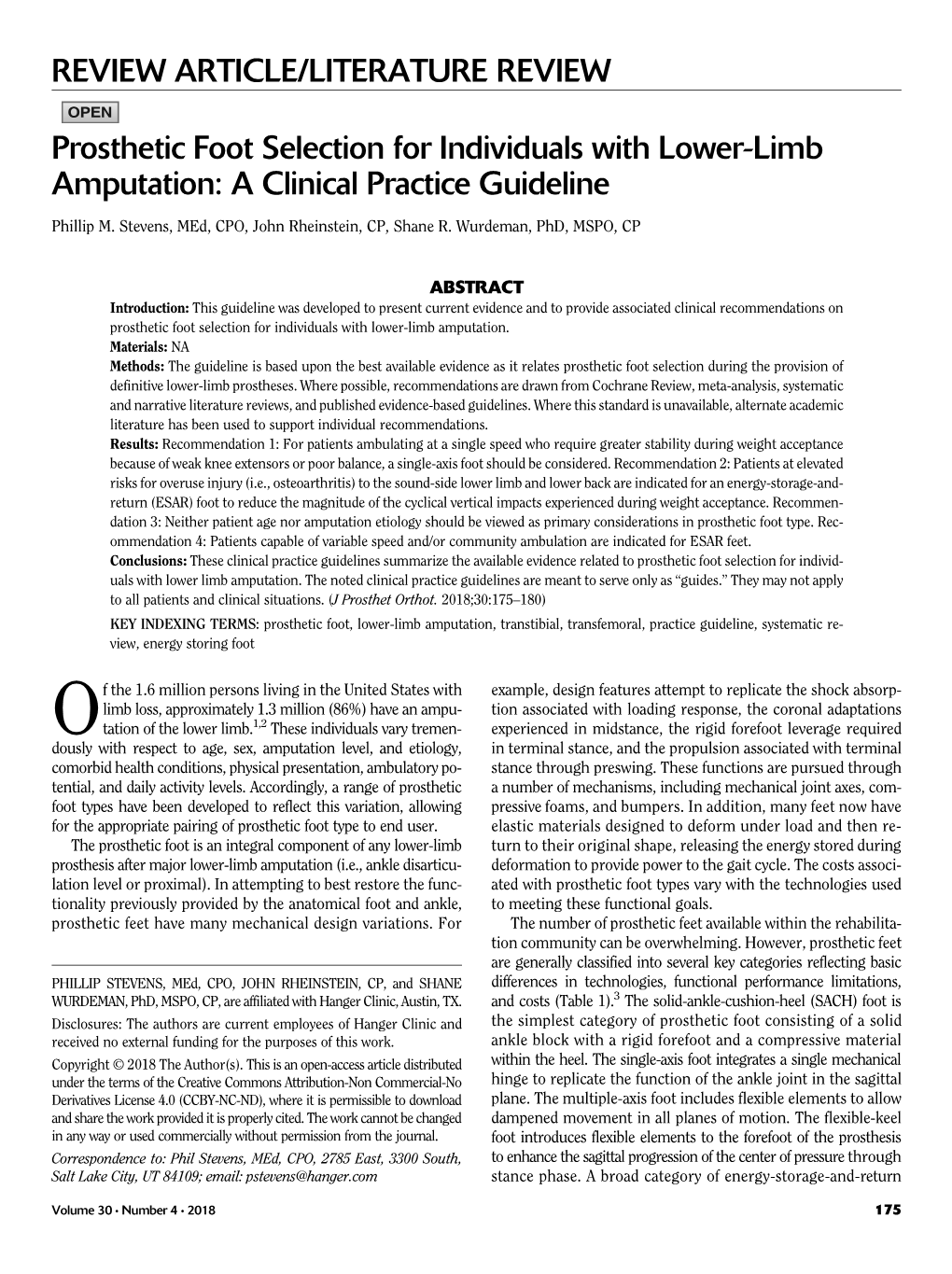 REVIEW ARTICLE/LITERATURE REVIEW Prosthetic Foot Selection