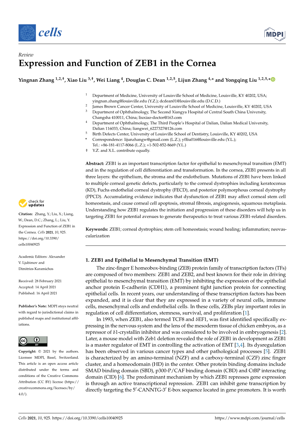 Expression and Function of ZEB1 in the Cornea