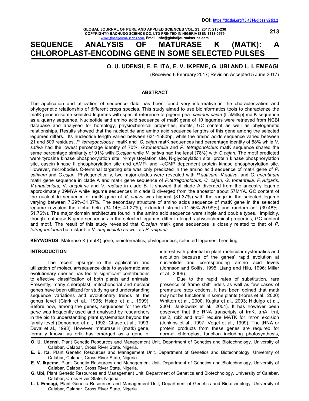 Sequence Analysis of Maturase K (Matk): a Chloroplast-Encoding Gene in Some Selected Pulses