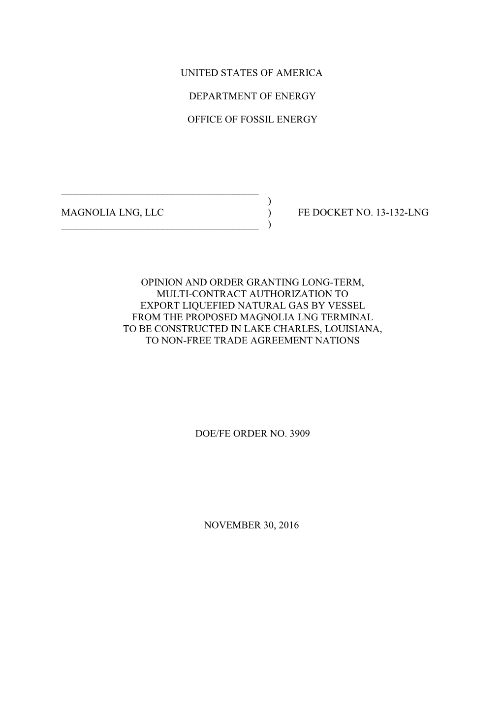 United States of America Department of Energy Office of Fossil Energy ) Magnolia Lng, Ll