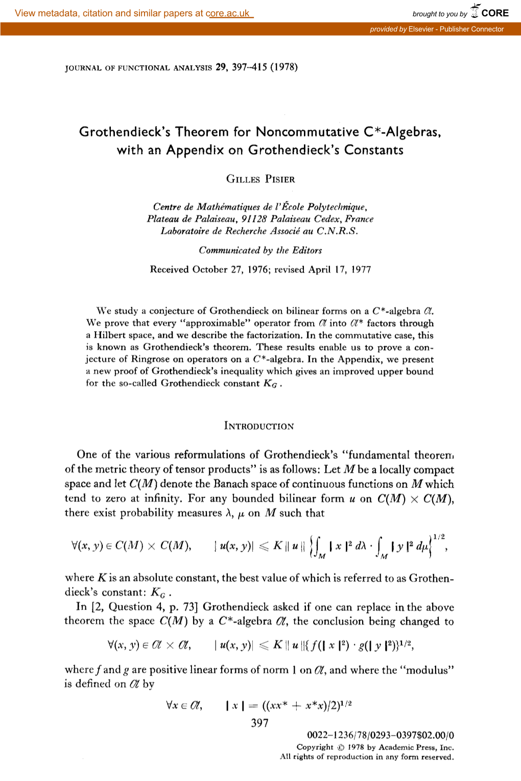 Grothendieck's Theorem for Noncommutative C*-Algebras, with an Appendix on Grothendieck's Constants I 4~ R)L &lt; K II U