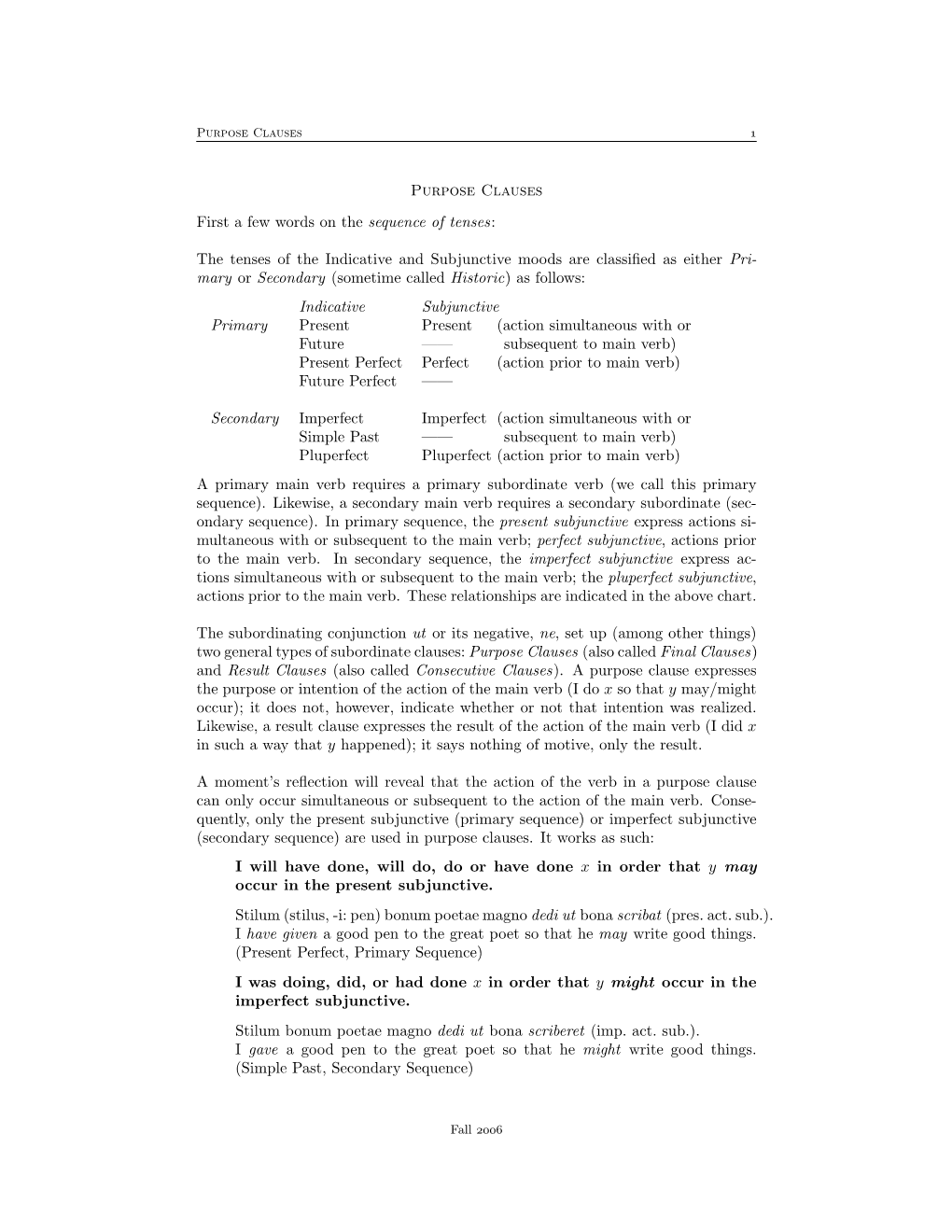 Purpose Clauses First a Few Words on the Sequence of Tenses