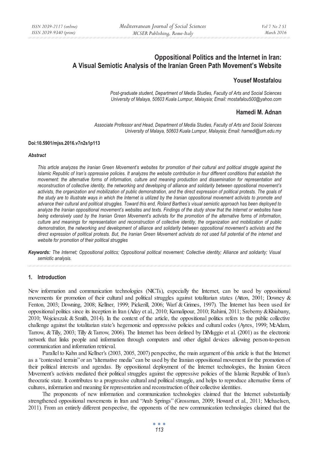 Oppositional Politics and the Internet in Iran: a Visual Semiotic Analysis of the Iranian Green Path Movement’S Website