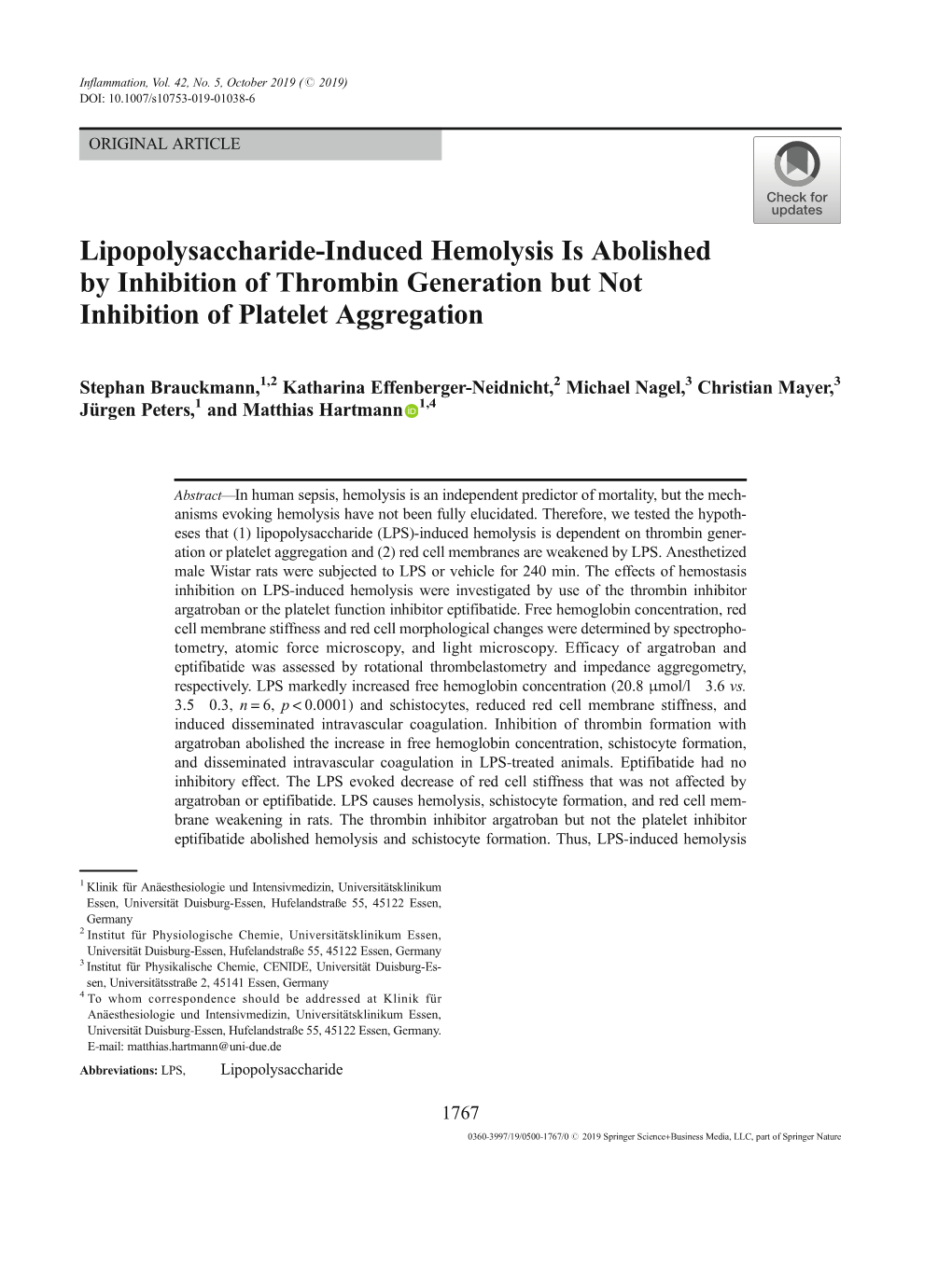 Lipopolysaccharide-Induced Hemolysis Is Abolished by Inhibition of Thrombin Generation but Not Inhibition of Platelet Aggregation