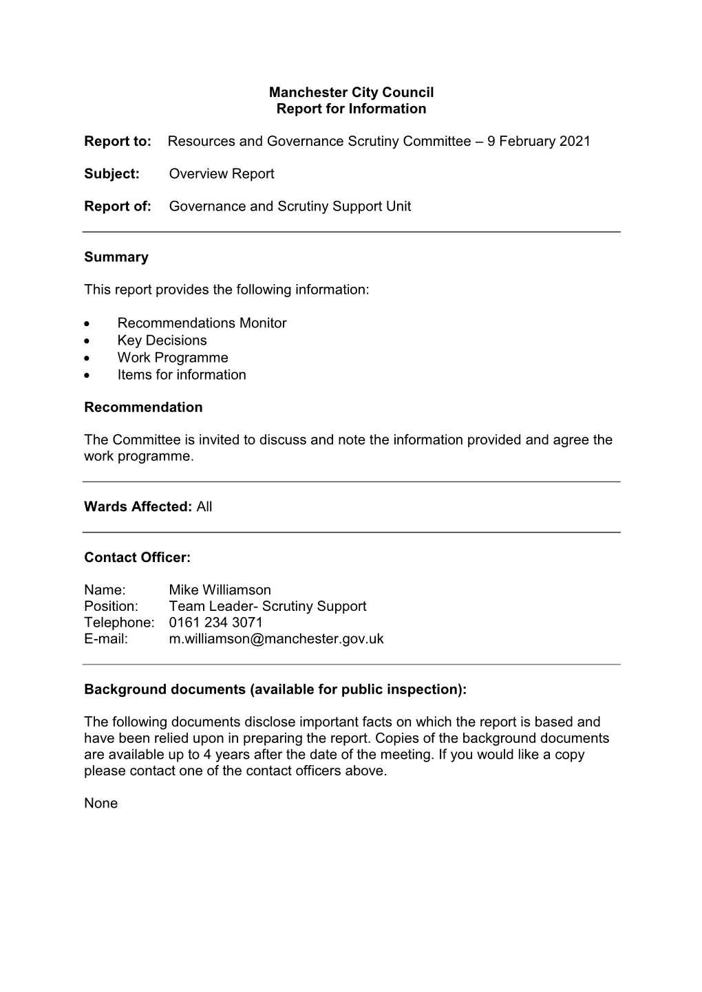 Manchester City Council Report for Information Report To