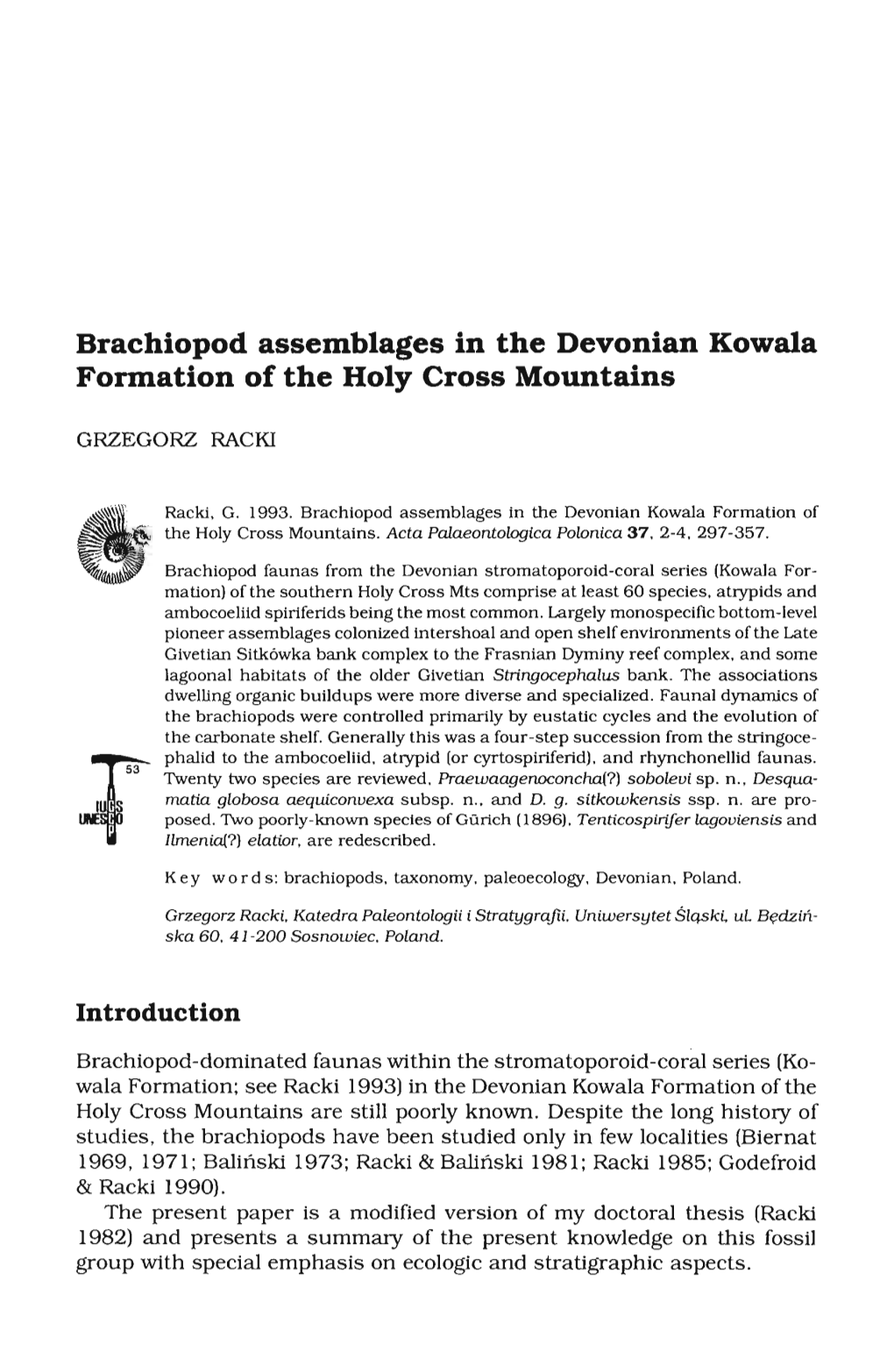 Brachiopod Assemblages in the Devonian Kowala Formation of the Holy Cross Mountains
