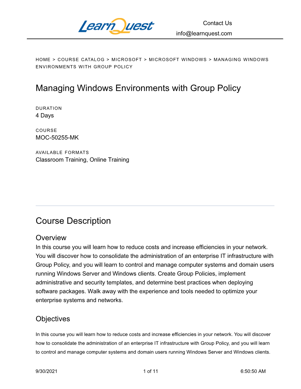 Managing Windows Environments with Group Policy Course Description