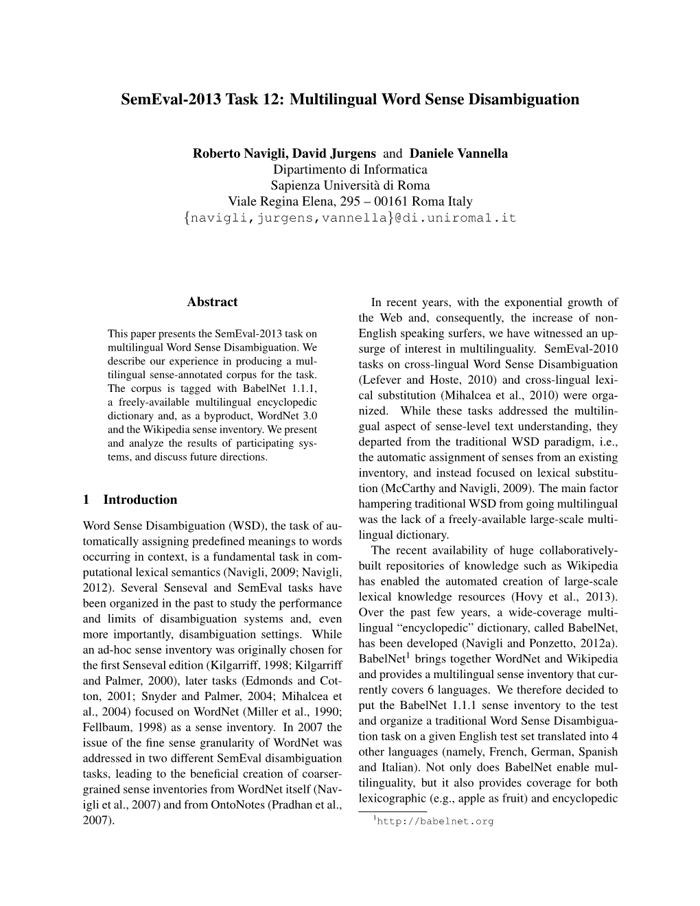 Semeval-2013 Task 12: Multilingual Word Sense Disambiguation