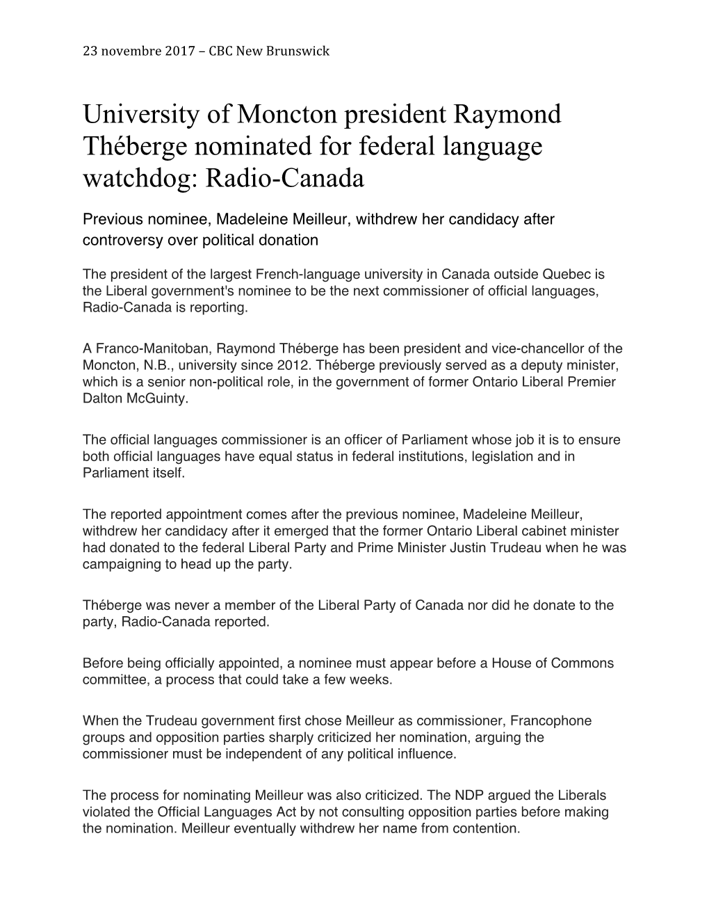 University of Moncton President Raymond Théberge Nominated for Federal Language Watchdog: Radio-Canada