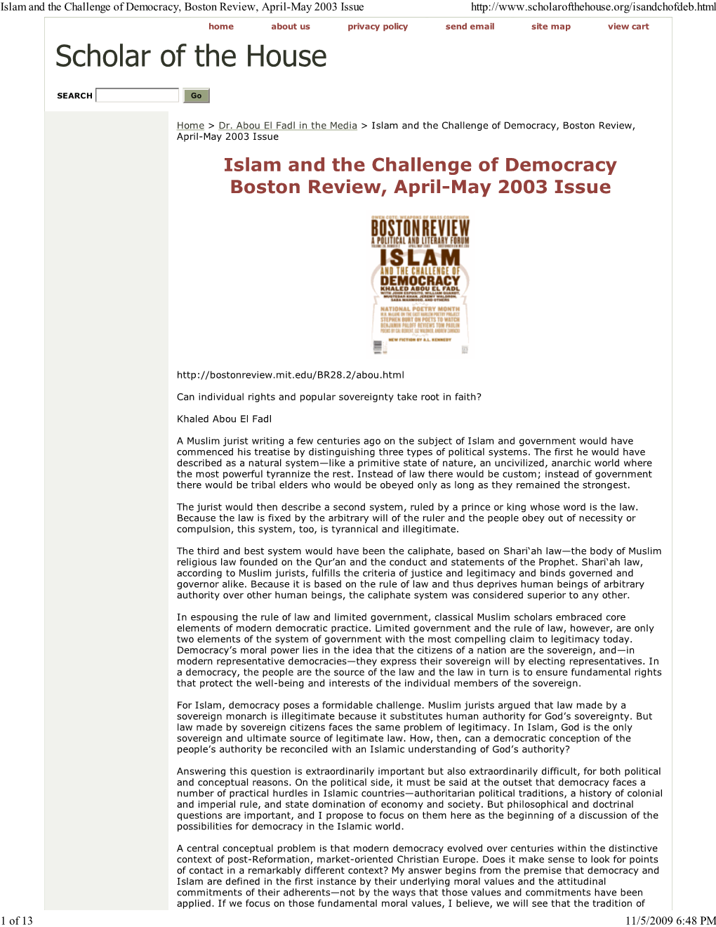 Islam and the Challenge of Democracy, Boston Review, April-May 2003 Issue