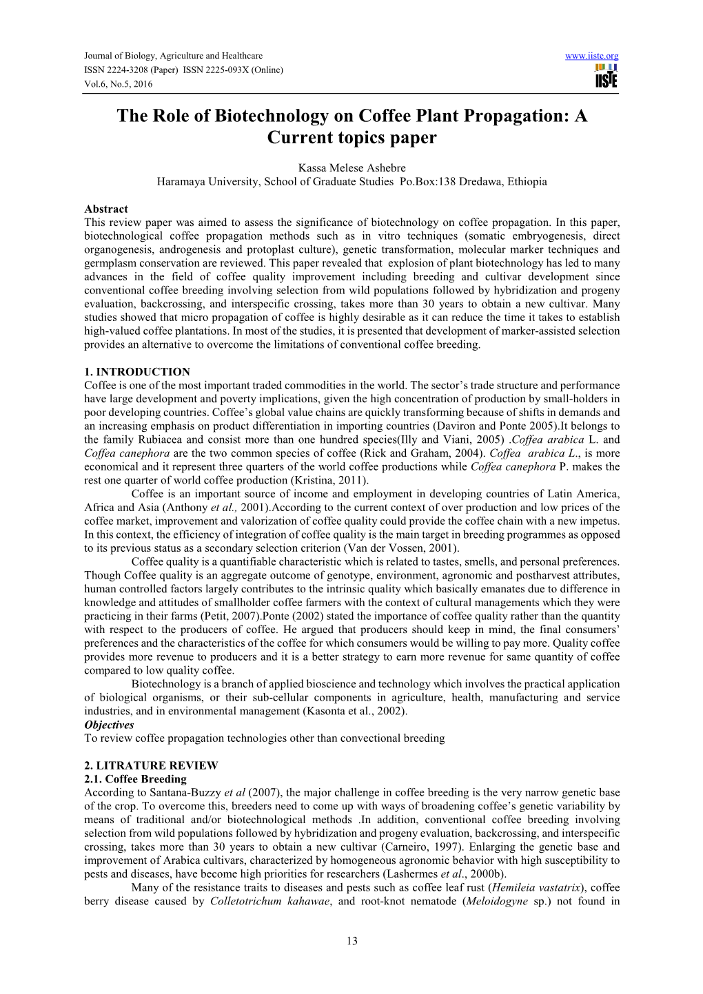 The Role of Biotechnology on Coffee Plant Propagation: a Current Topics Paper