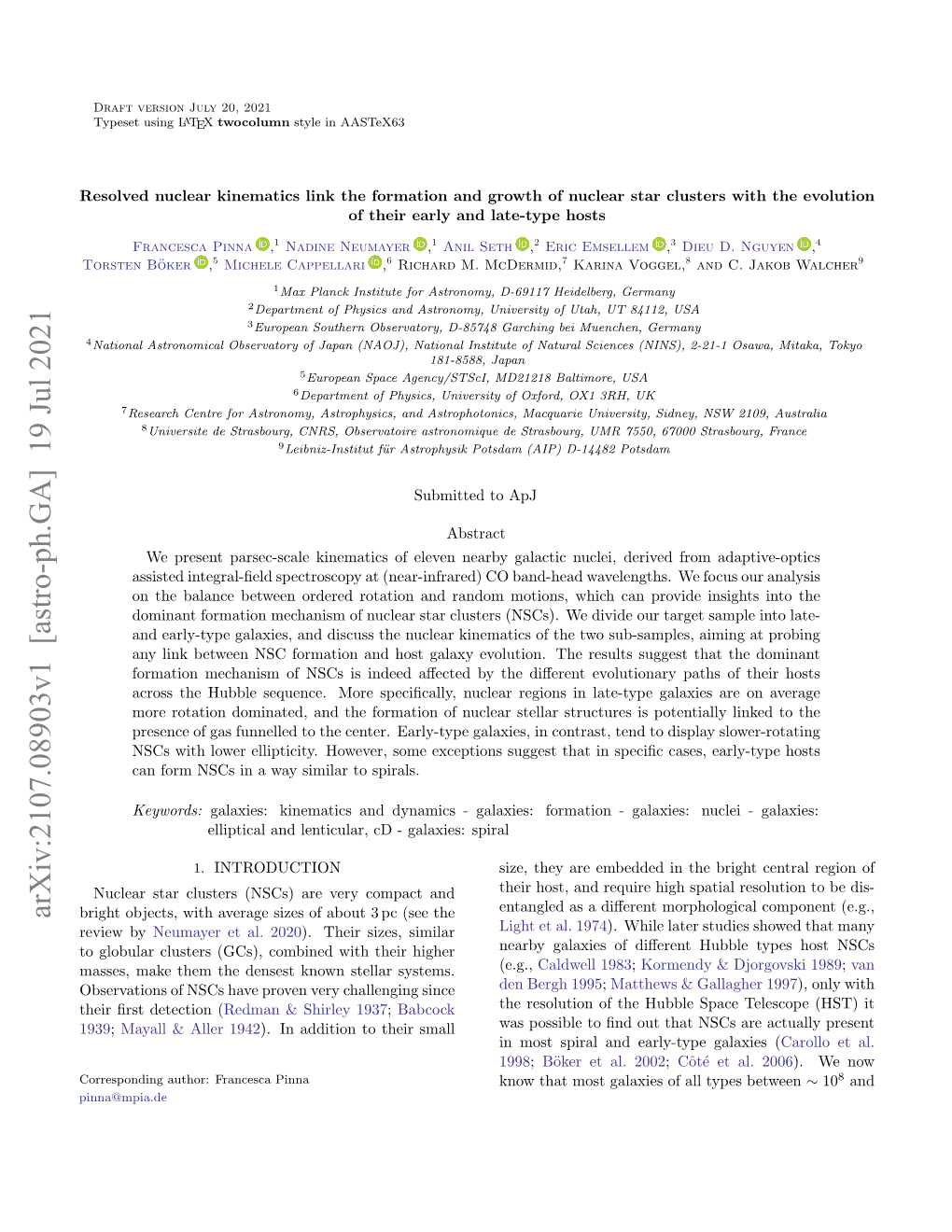 Arxiv:2107.08903V1 [Astro-Ph.GA] 19 Jul 2021 Bright Objects, with Average Sizes of About 3 Pc (See the Review by Neumayer Et Al