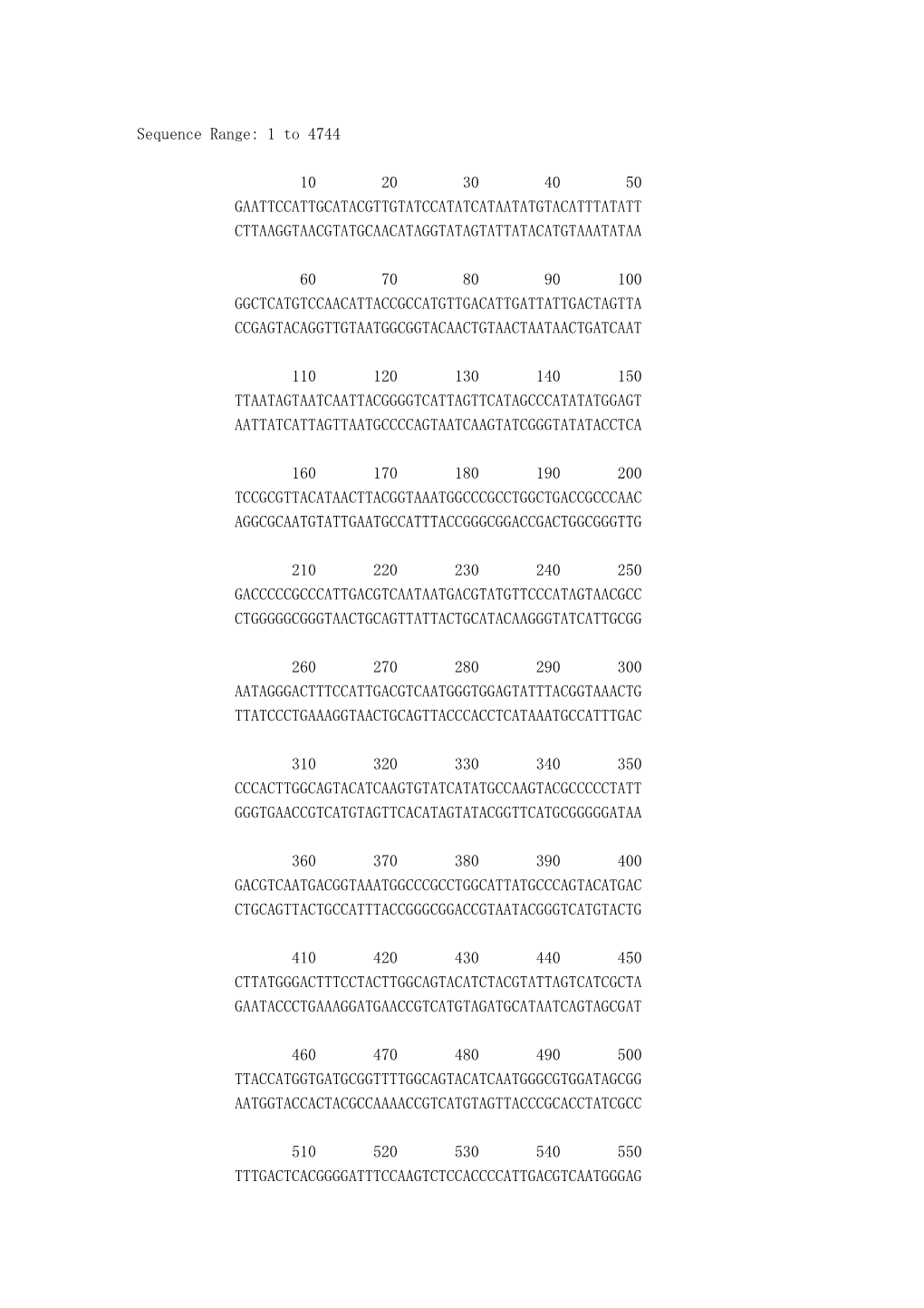 Sequence Range: 1 to 4744 10 20 30 40 50 GAATTCCATTGCATACGTTGTATC