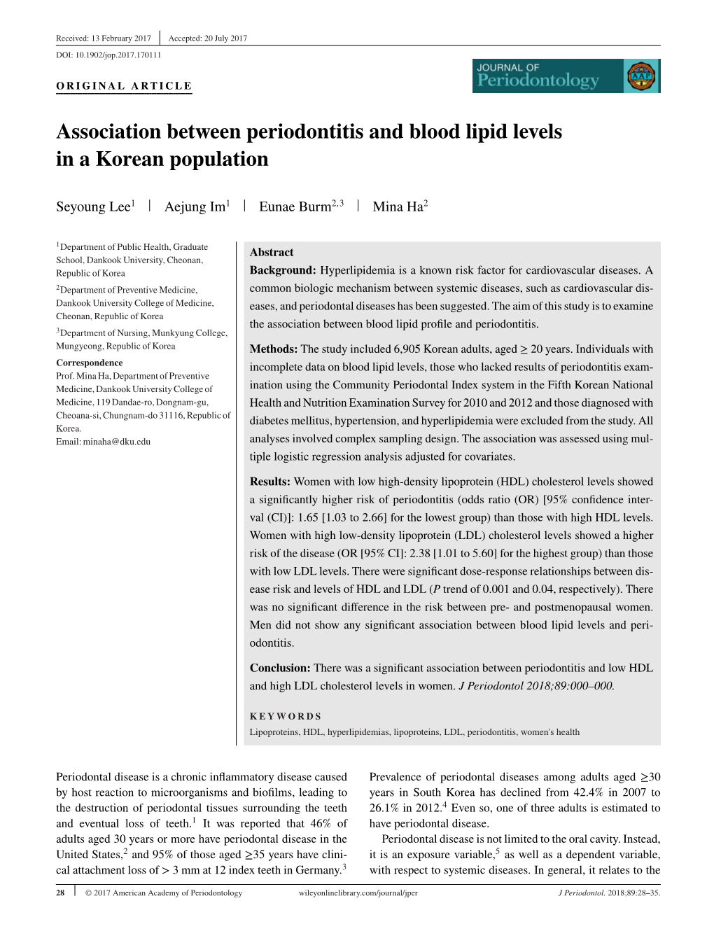 Association Between Periodontitis and Blood Lipid Levels in a Korean Population