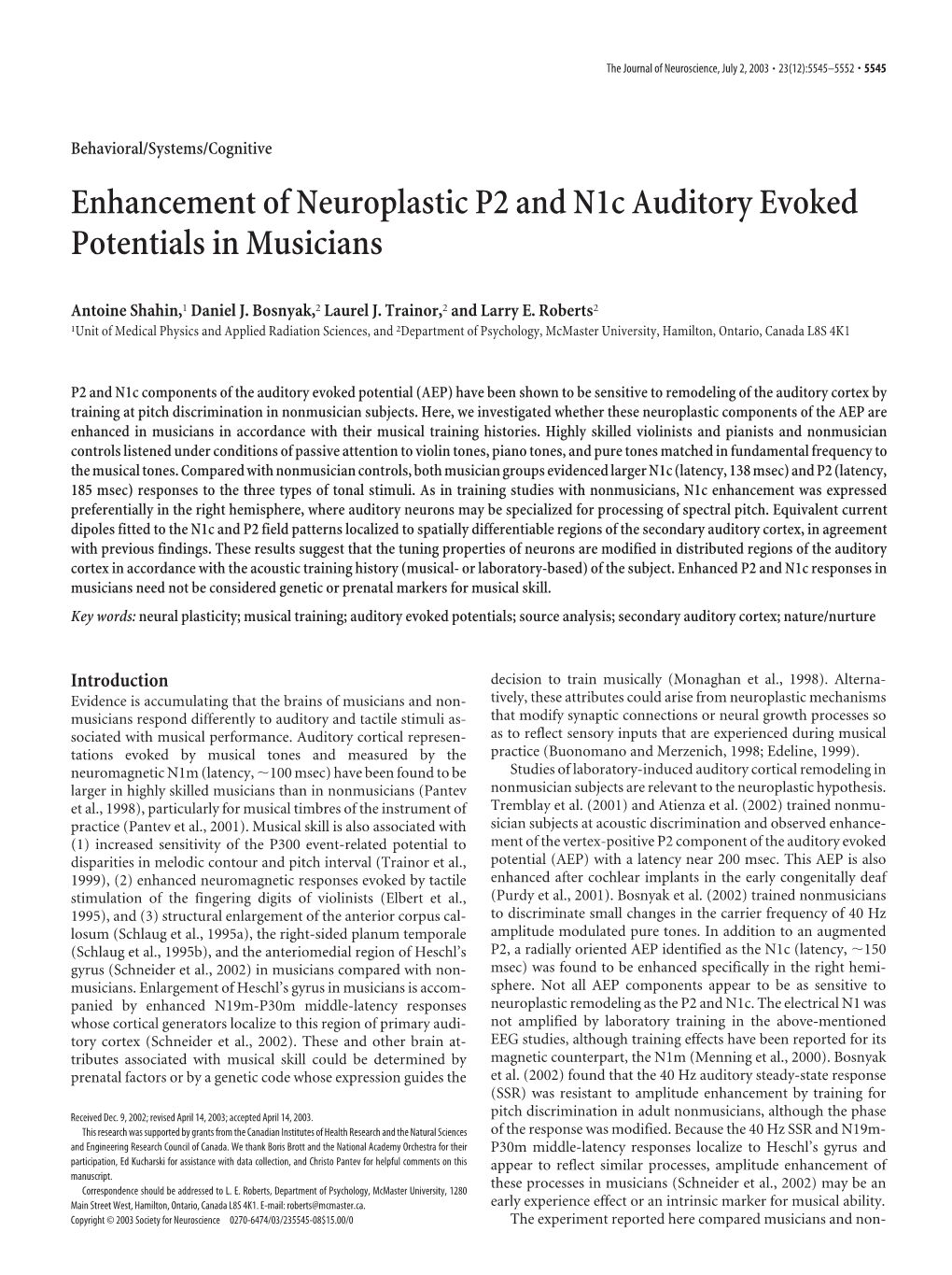 Enhancement of Neuroplastic P2 and N1c Auditory Evoked Potentials in Musicians