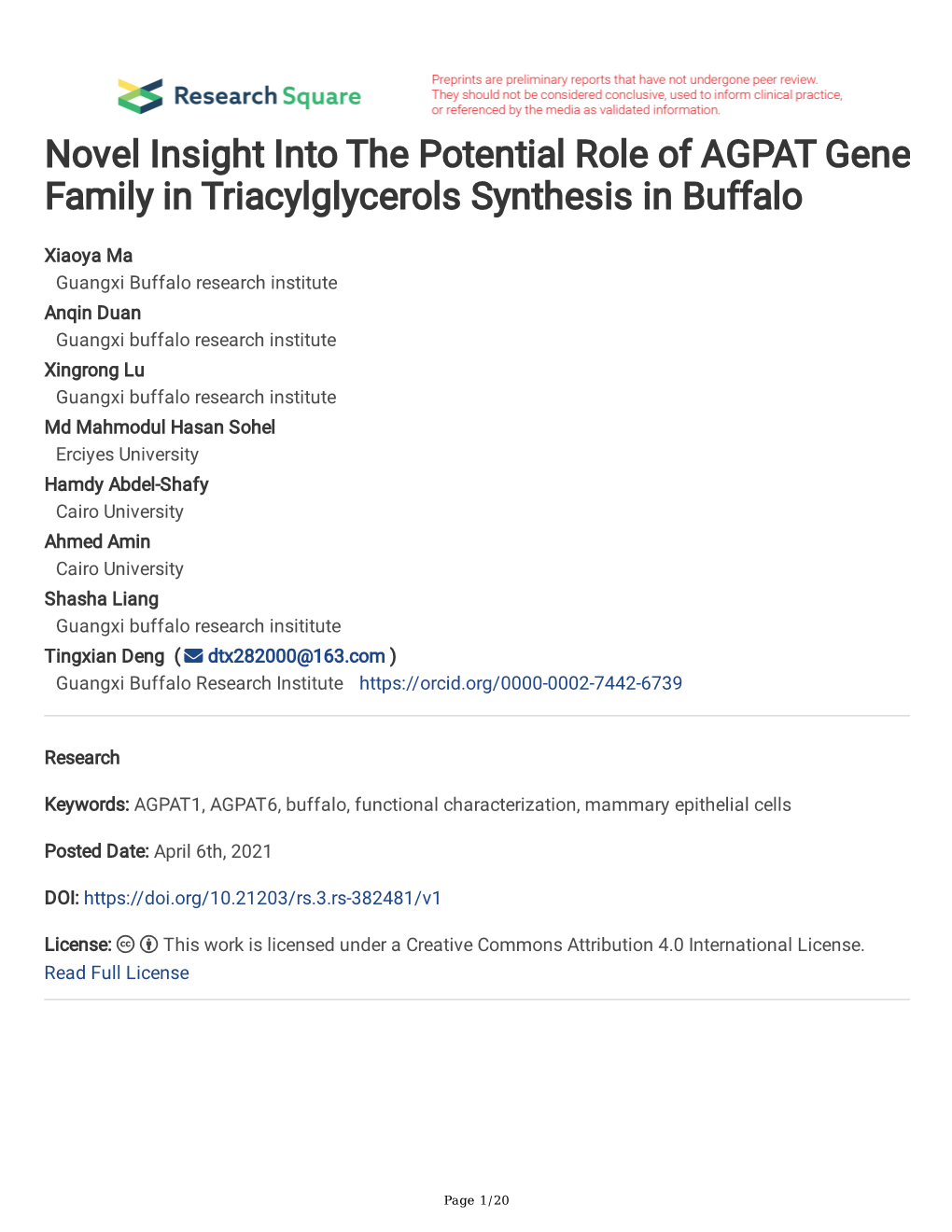 Novel Insight Into the Potential Role of AGPAT Gene Family in Triacylglycerols Synthesis in Buffalo