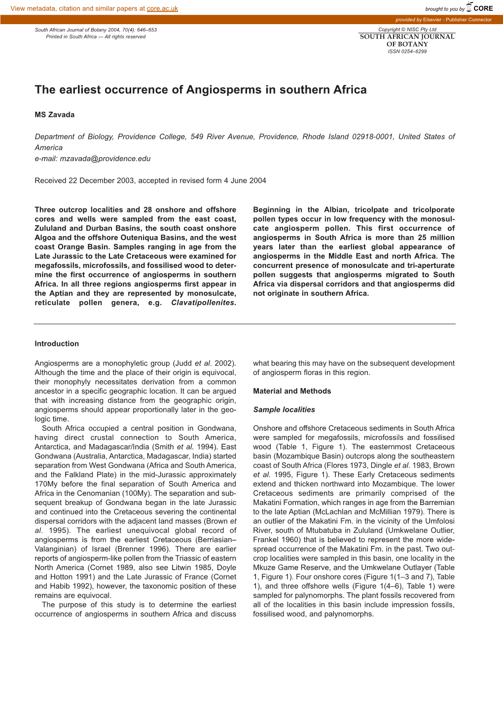 The Earliest Occurrence of Angiosperms in Southern Africa