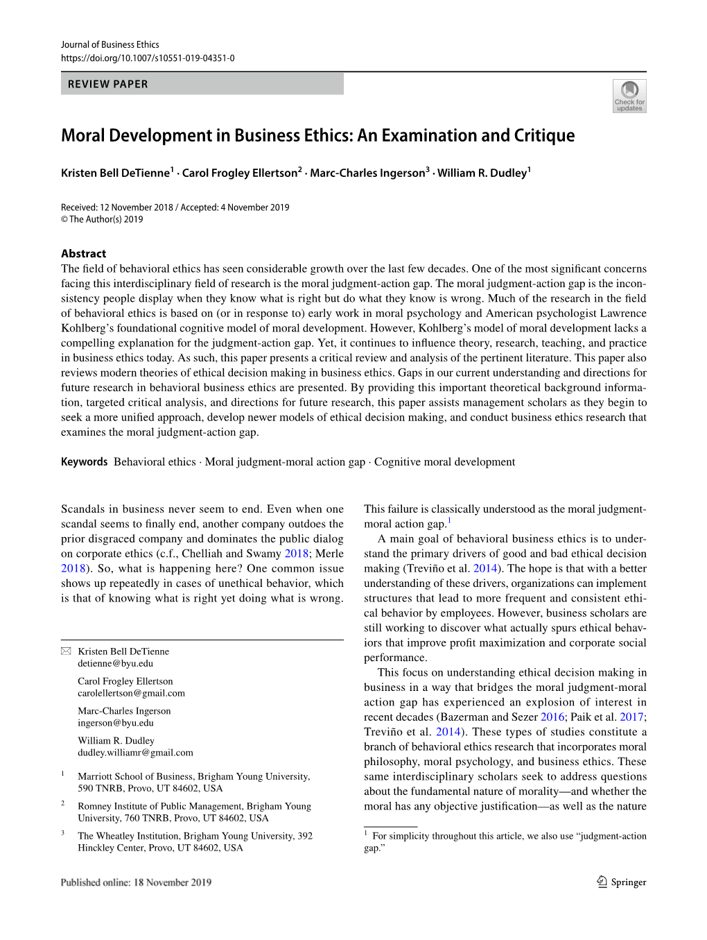 Moral Development in Business Ethics: an Examination and Critique