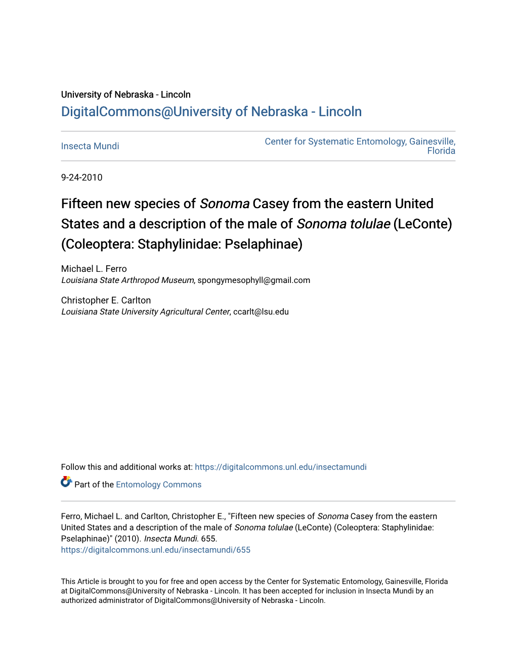 Fifteen New Species of Sonoma Casey from the Eastern United States and a Description of the Male of Sonoma Tolulae (Leconte) (Coleoptera: Staphylinidae: Pselaphinae)