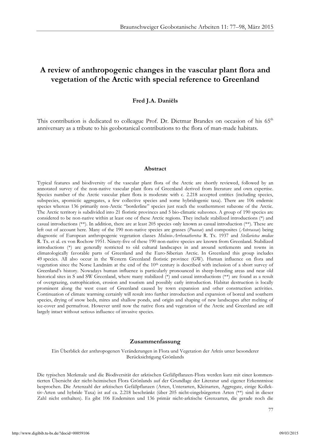 A Review of Anthropogenic Changes in the Vascular Plant Flora and Vegetation of the Arctic with Special Reference to Greenland