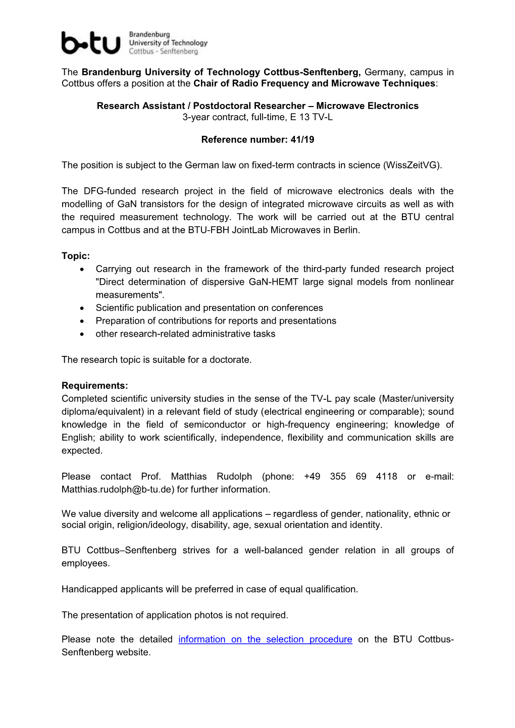 The Brandenburg University of Technology Cottbus-Senftenberg, Germany, Campus in Cottbus Offers a Position at the Chair of Radio Frequency and Microwave Techniques