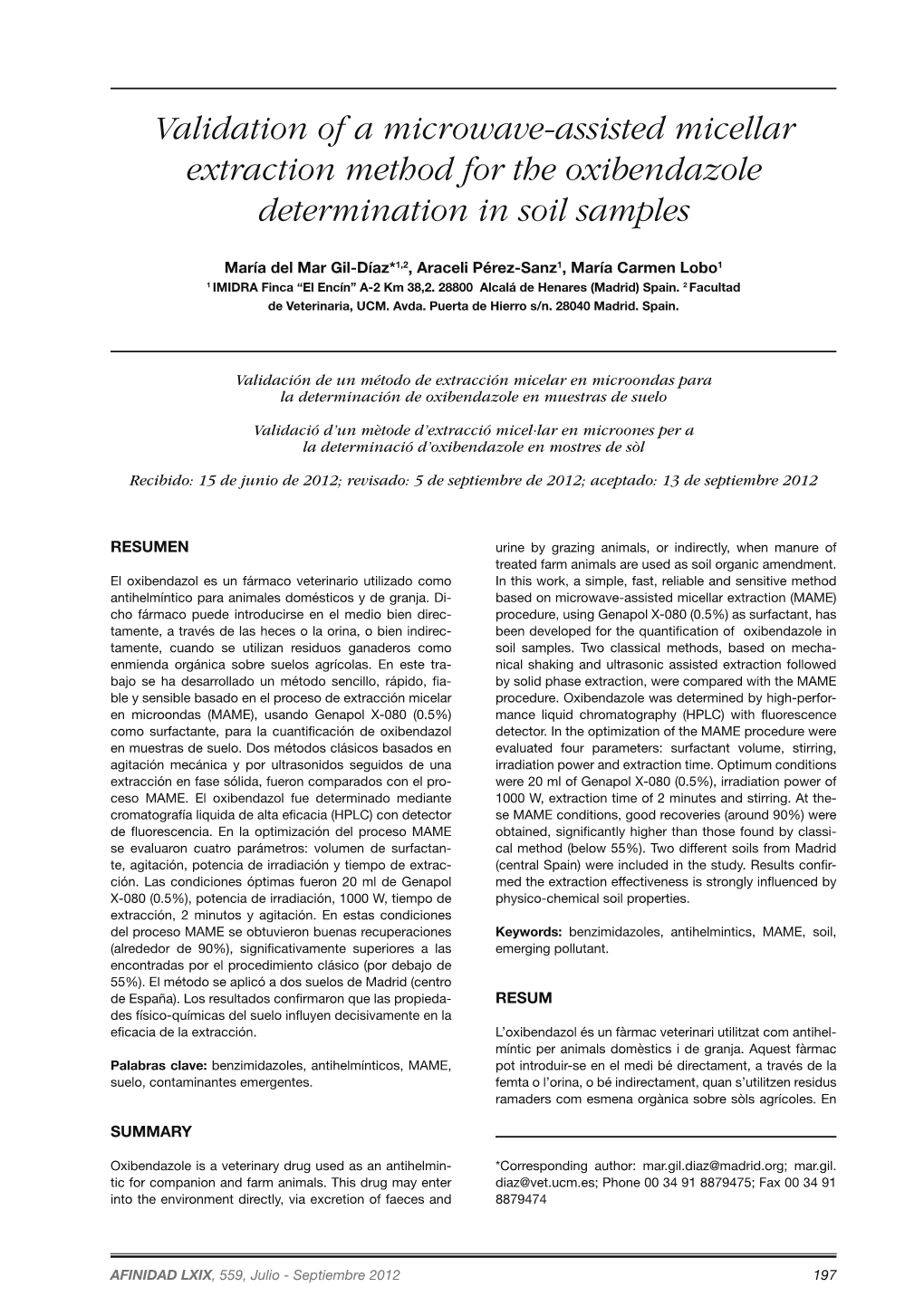 Validation of a Microwave-Assisted Micellar Extraction Method for the Oxibendazole Determination in Soil Samples