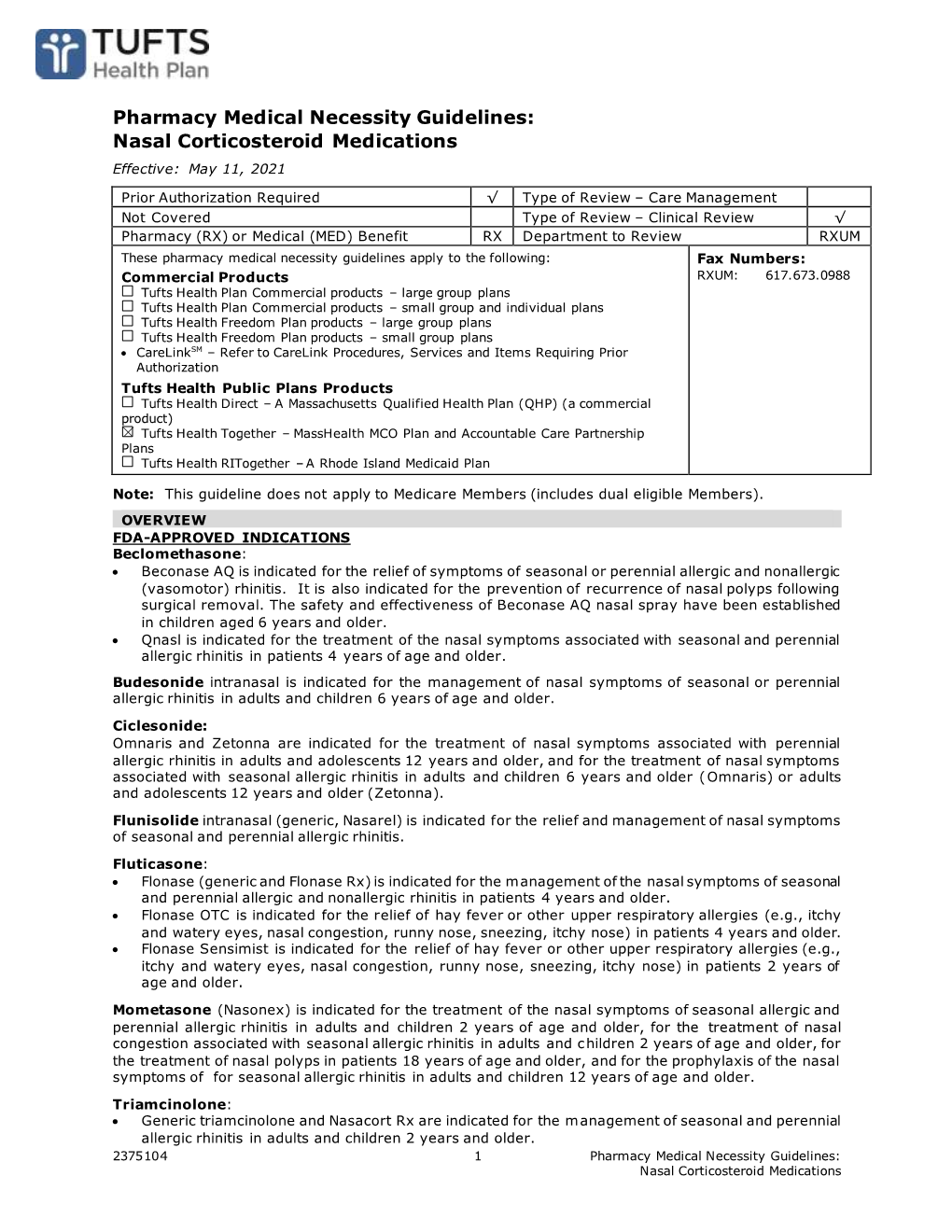 Pharmacy Medical Necessity Guidelines: Nasal Corticosteroid Medications Effective: May 11, 2021