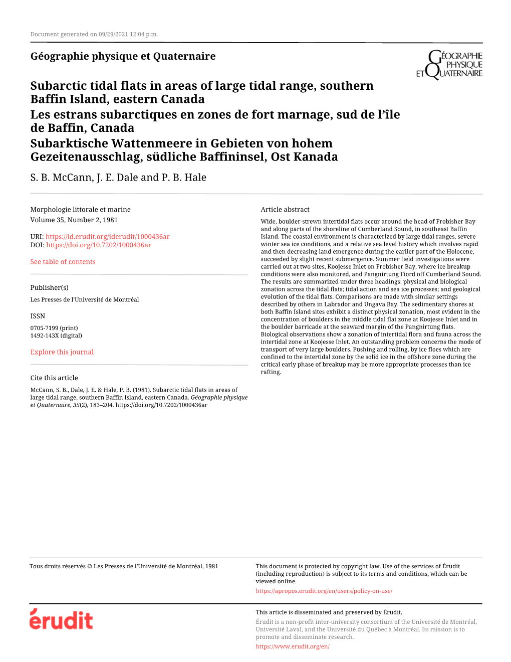 Subarctic Tidal Flats in Areas of Large Tidal Range, Southern Baffin Island, Eastern Canada