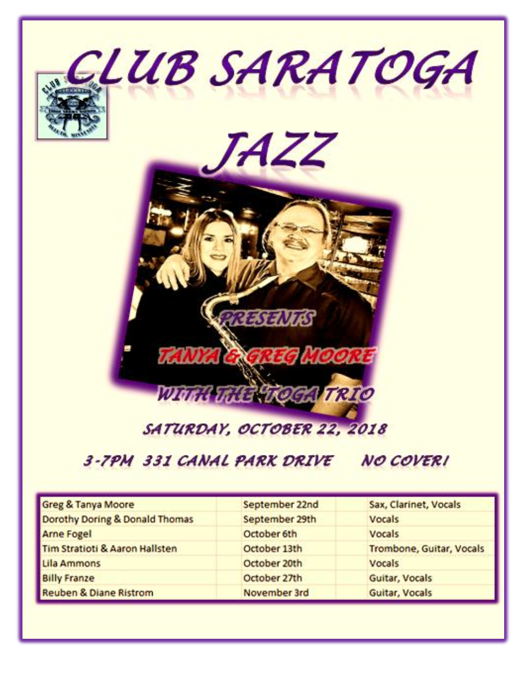 Jazz Every Saturday from 3 to 7 Pm Club Saratoga