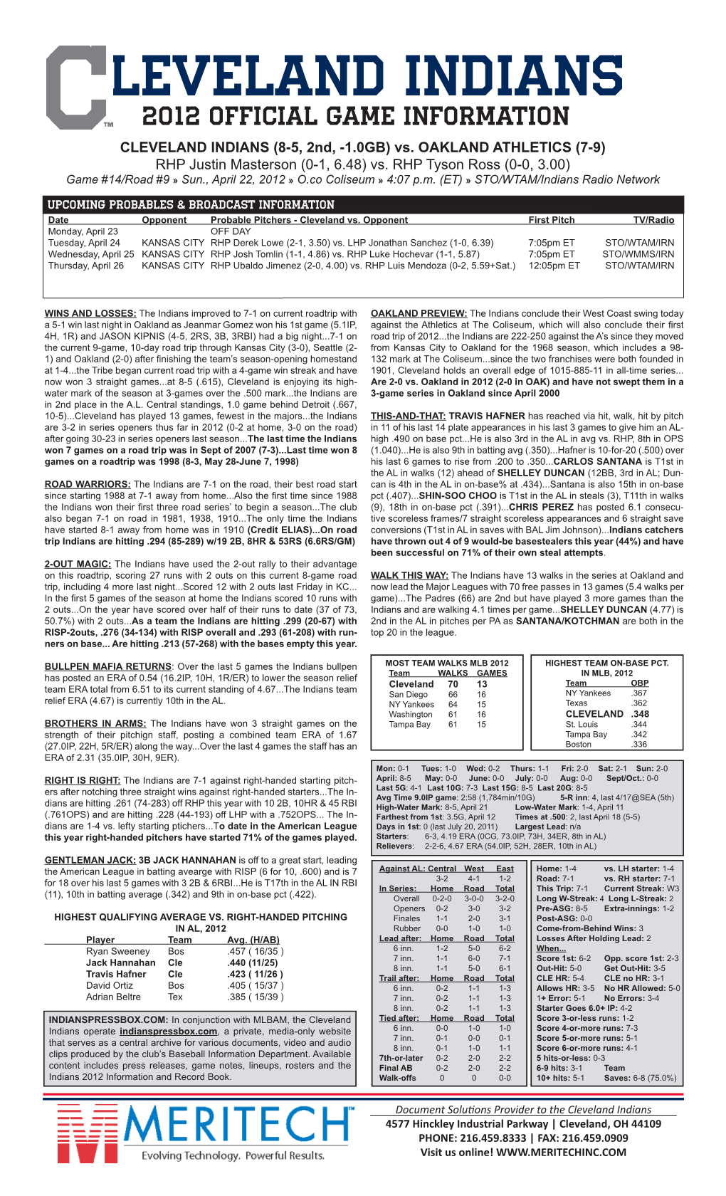 04-22-2012 Indians Game Notes