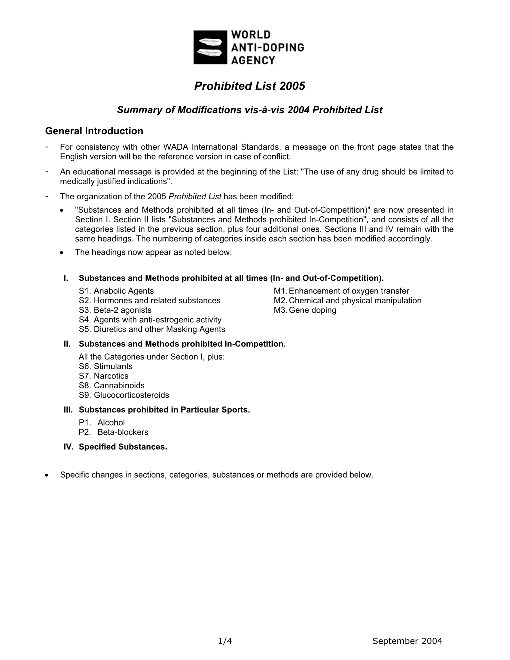 WADA Prohibited List, 2004