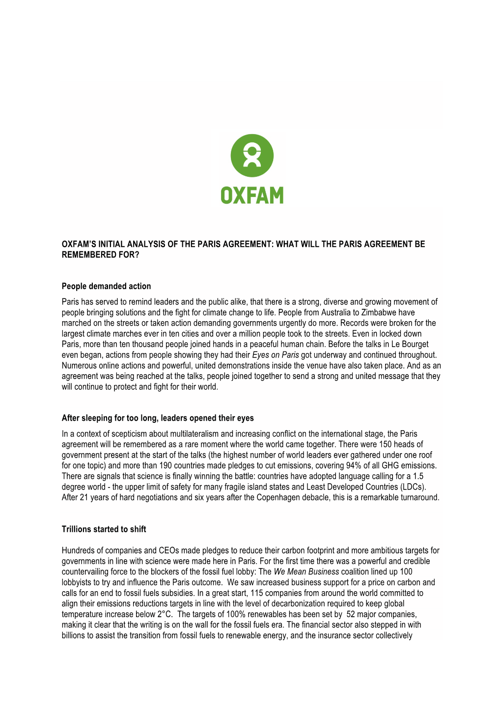 Oxfam's Initial Analysis of the Paris Agreement