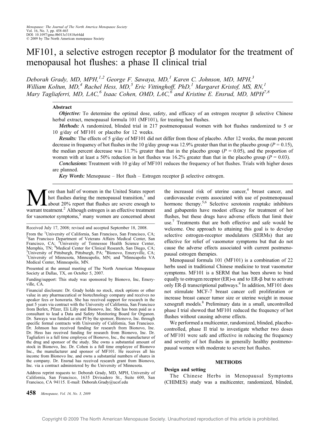 MF101, a Selective Estrogen Receptor a Modulator for the Treatment of Menopausal Hot Flushes: a Phase II Clinical Trial