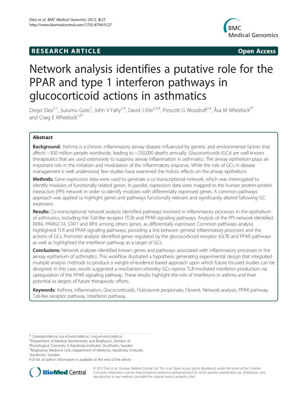 Network Analysis Identifies a Putative Role for the PPAR and Type 1 Interferon Pathways in Glucocorticoid Actions in Asthmatics