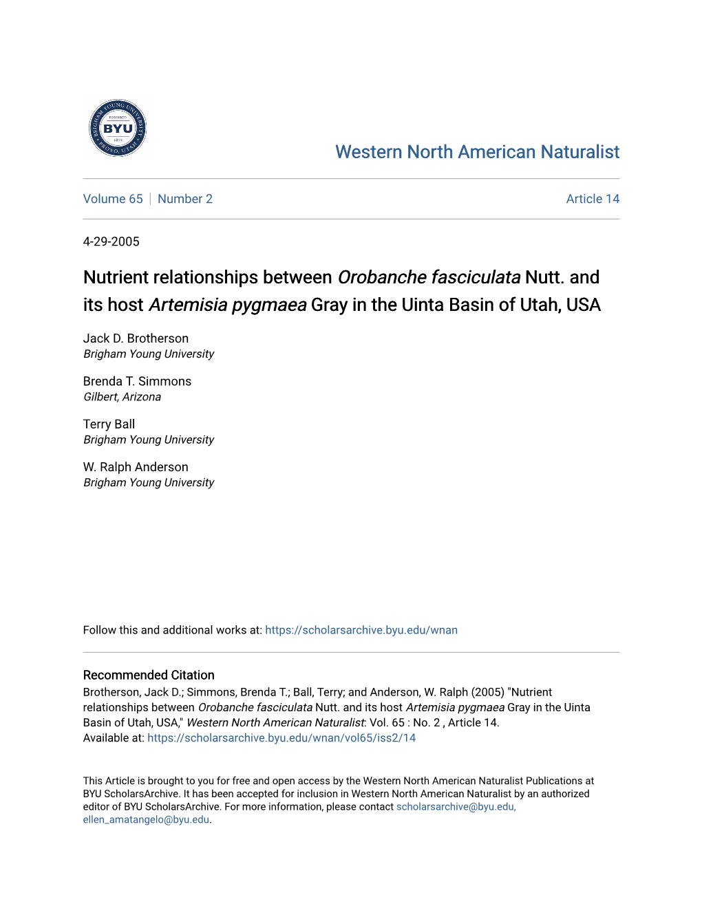 Nutrient Relationships Between Orobanche Fasciculata Nutt. and Its Host Artemisia Pygmaea Gray in the Uinta Basin of Utah, USA