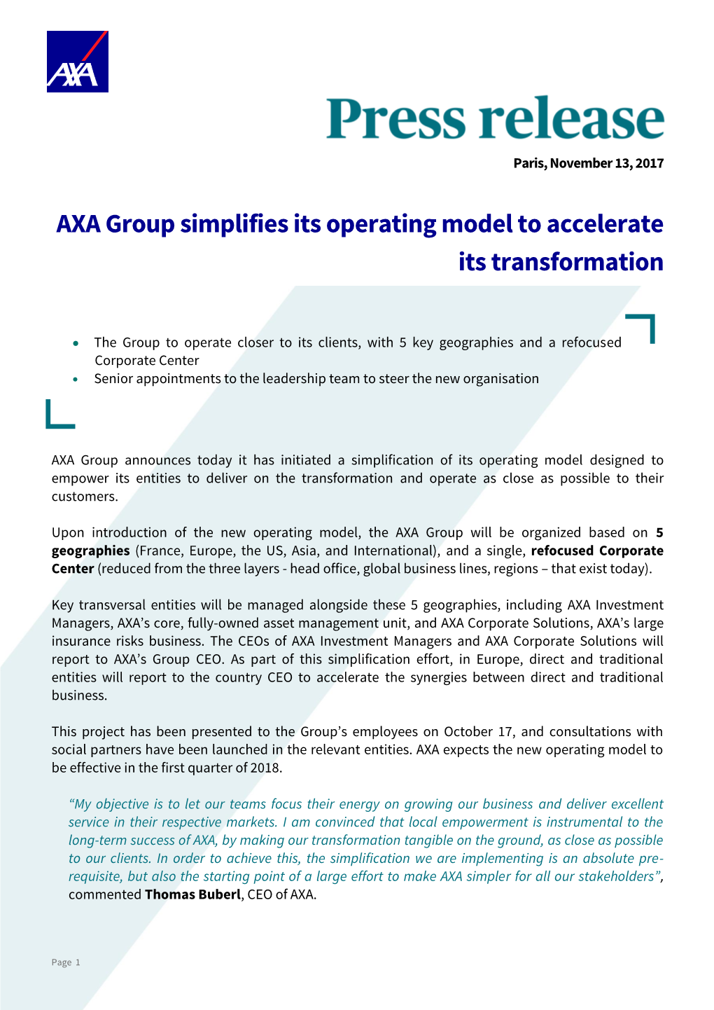 AXA Group Simplifies Its Operating Model to Accelerate Its Transformation