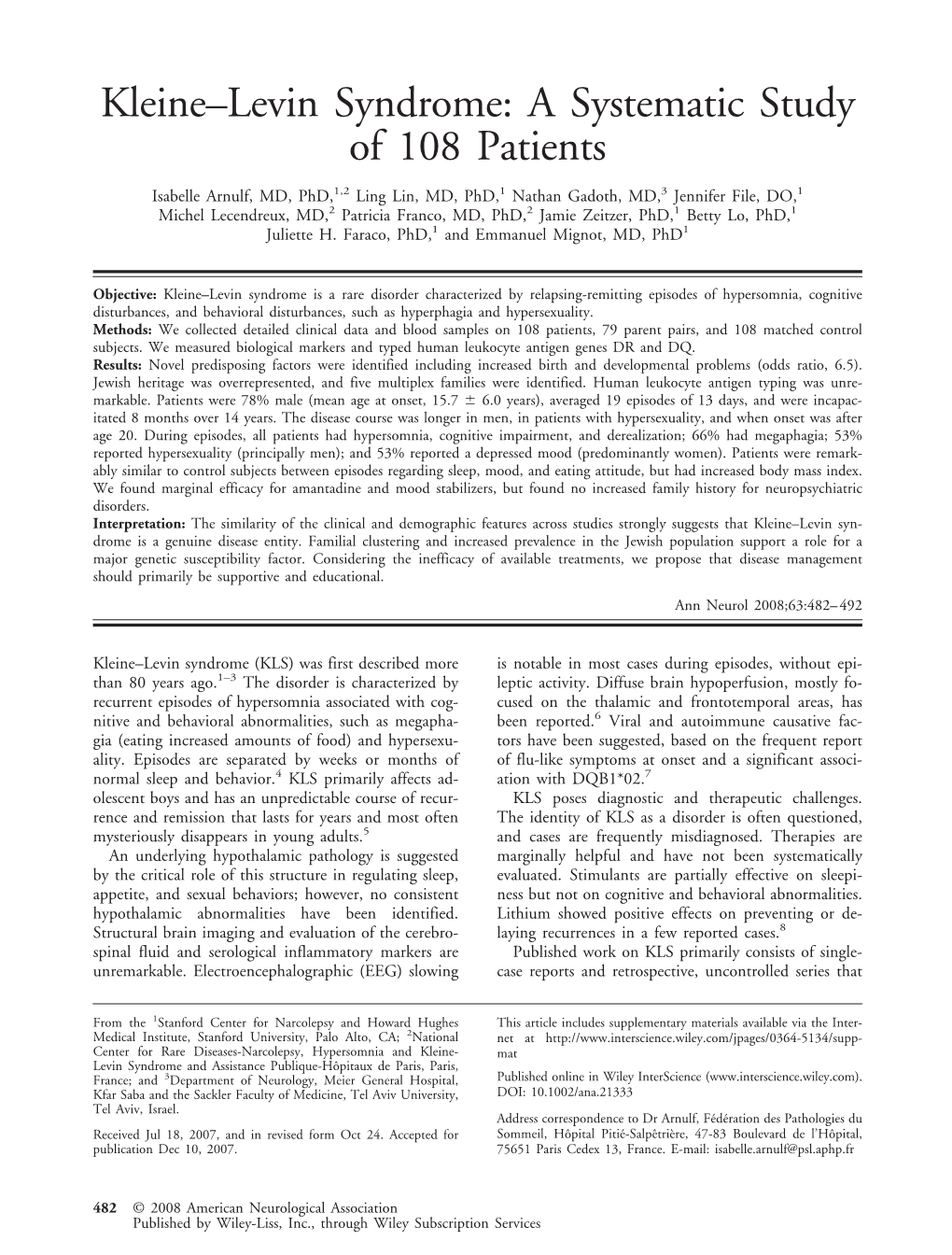 Kleine-Levin Syndrome: a Systematic Study of 108 Patients