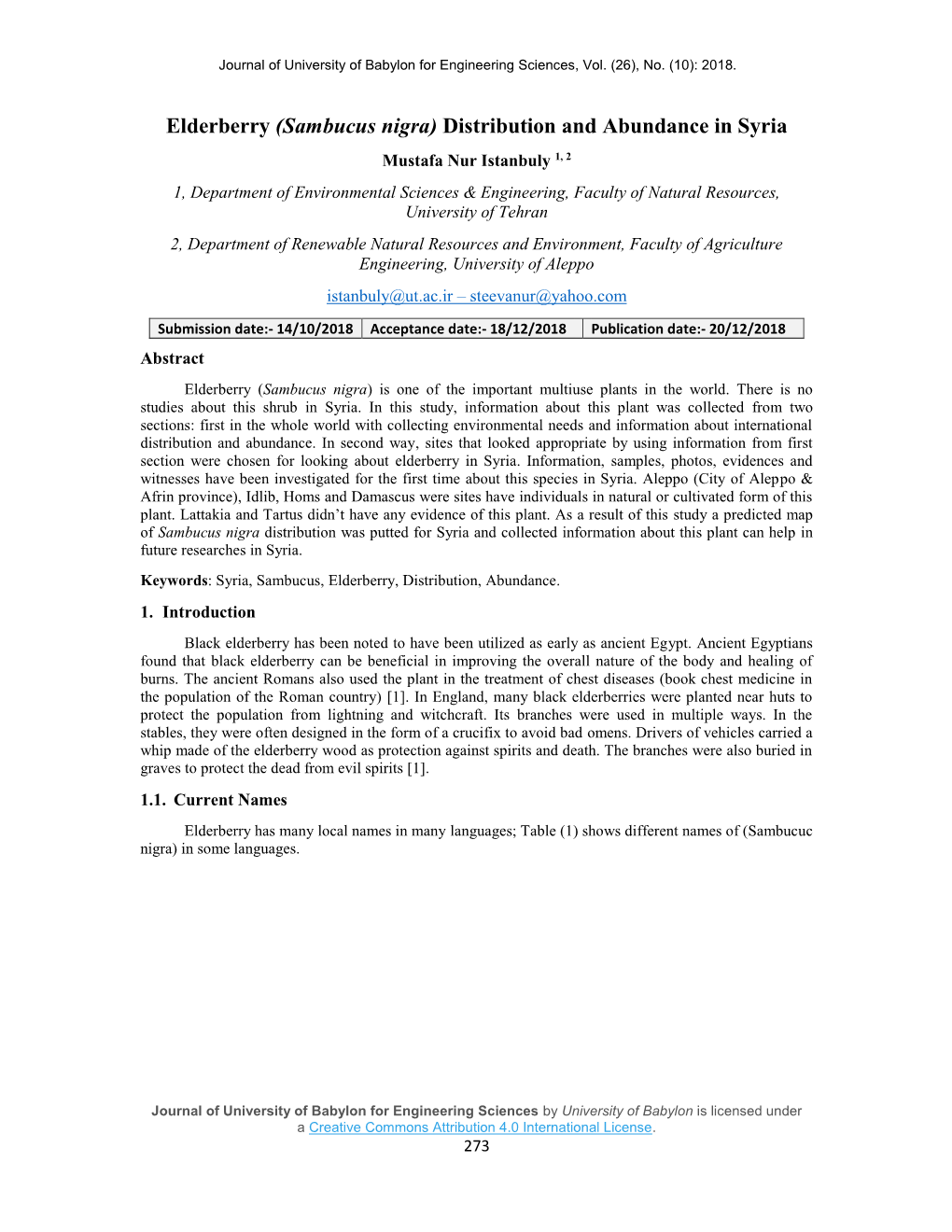 Elderberry (Sambucus Nigra) Distribution and Abundance in Syria