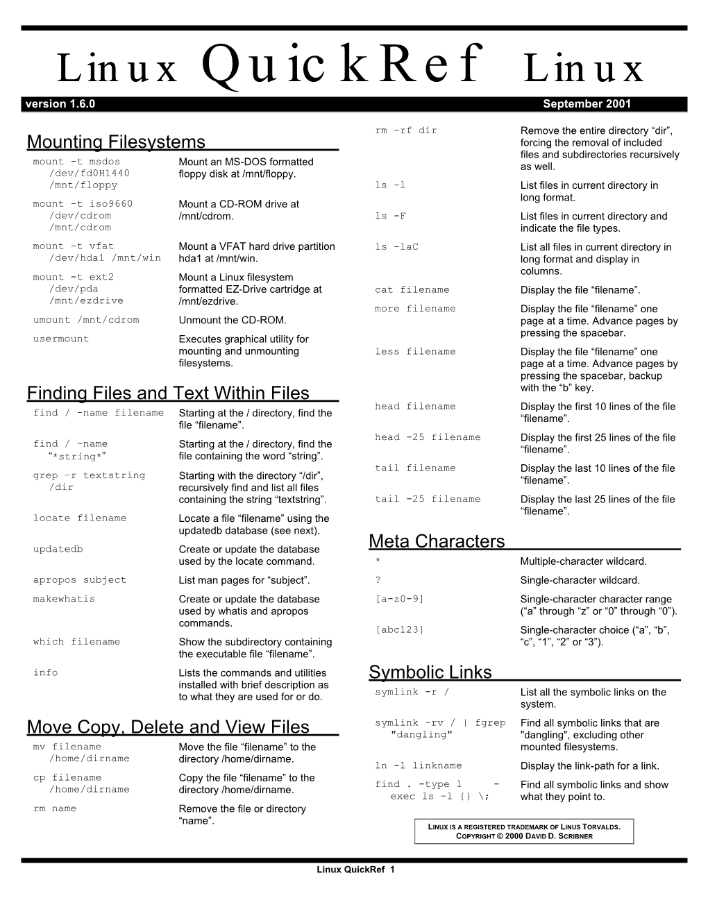 Linux Quickref Linux Version 1.6.0 September 2001