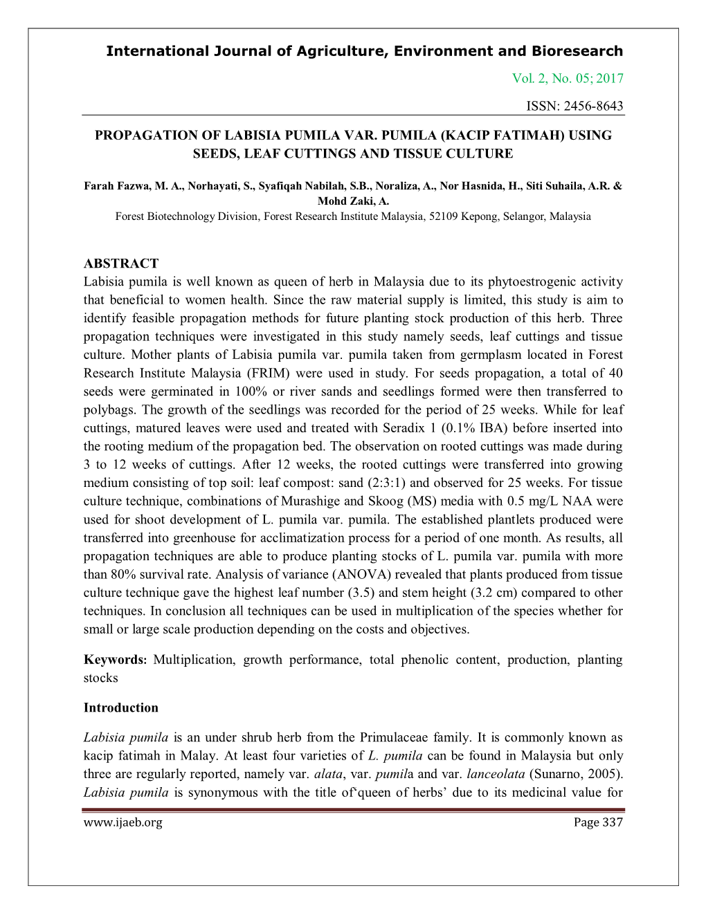 2017 Issn: 2456-8643 Propagation of Labisia Pu