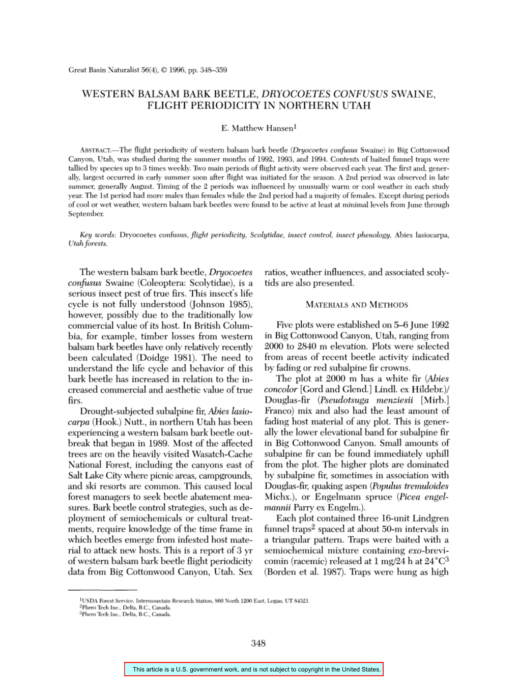 Western Balsam Bark Beetle, Dryocoetes Confusus Swaine, Flight Periodicity in Northern Utah