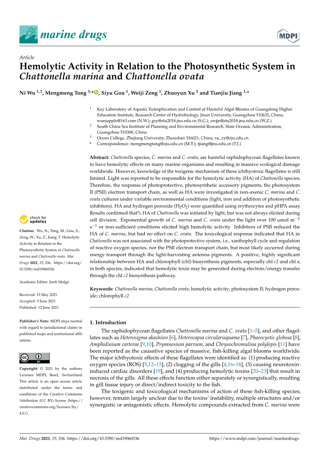 Hemolytic Activity in Relation to the Photosynthetic System in Chattonella Marina and Chattonella Ovata