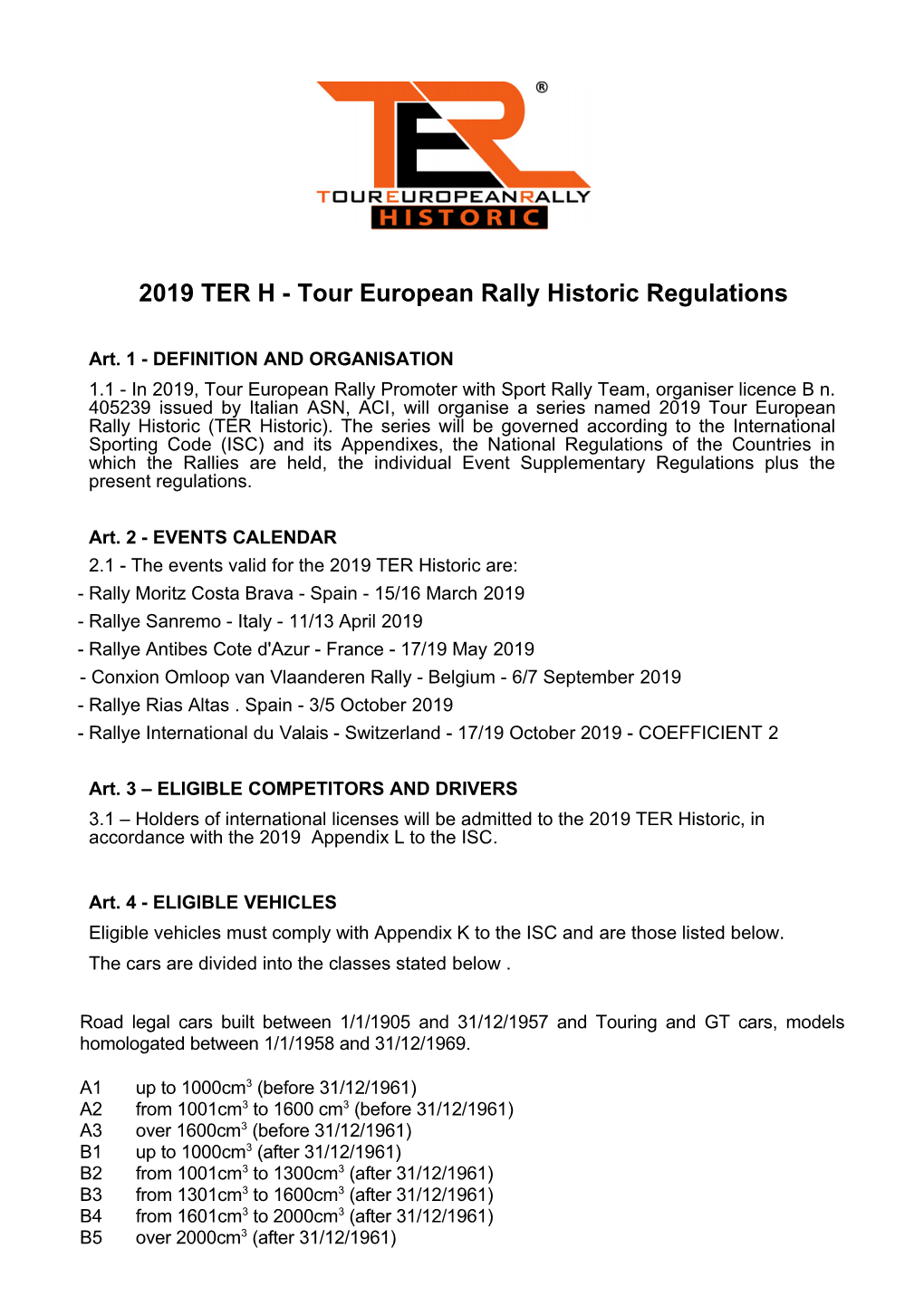 2019 TER H - Tour European Rally Historic Regulations