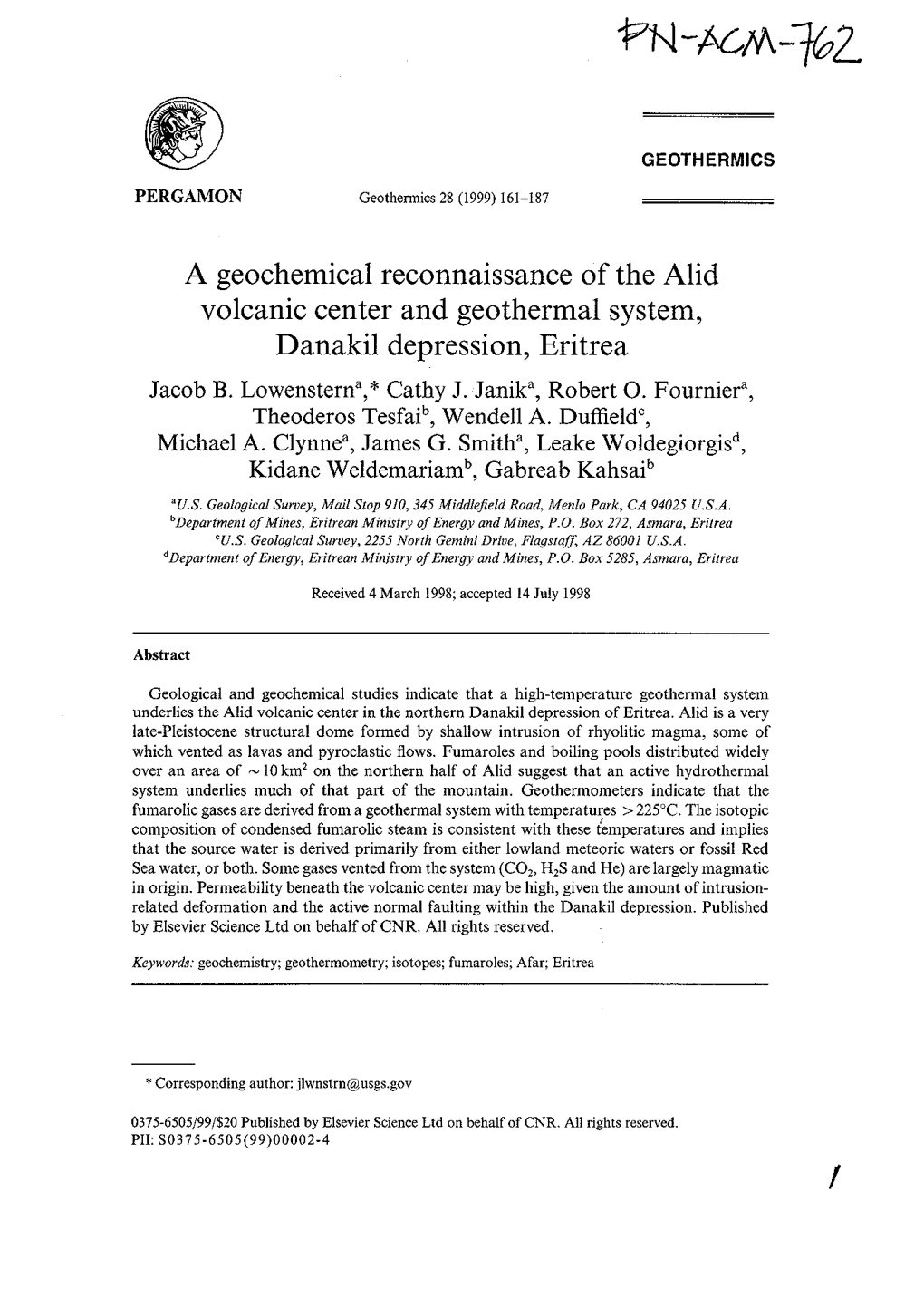 A Geochemical Reconnaissance of the Alid Volcanic Center and Geothermal System, Danakil Depression, Eritrea Jacob B