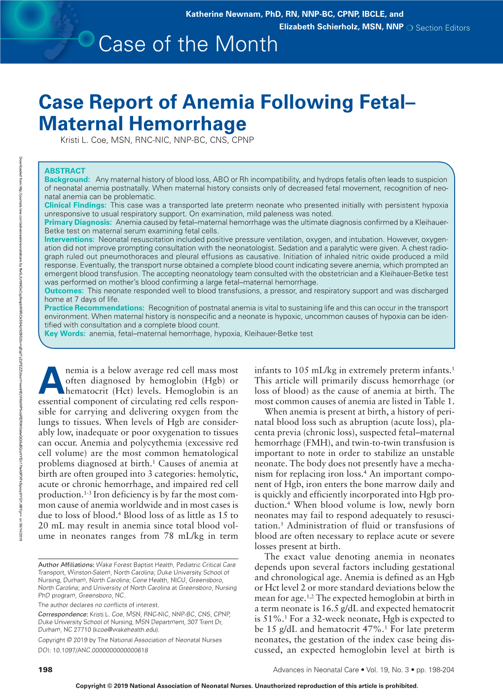Case Report of Anemia Following Fetal-Maternal Hemorrhage