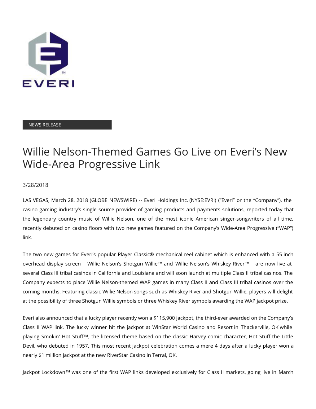 Willie Nelson-Themed Games Go Live on Everi's New Wide-Area